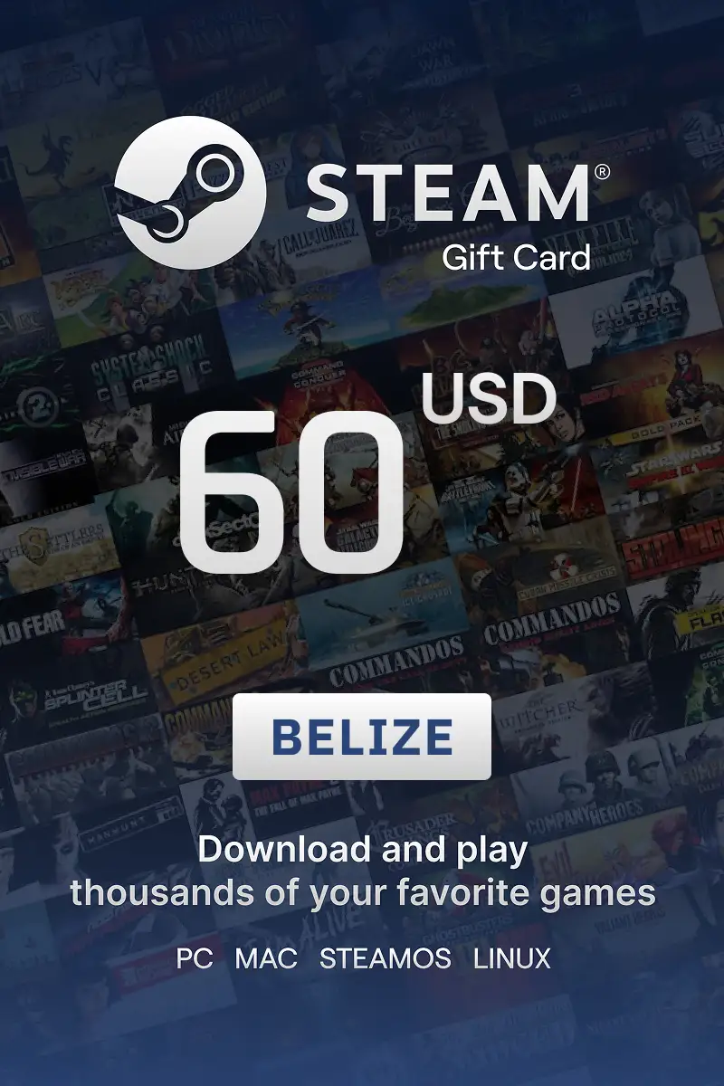 Steam Wallet 60 USD Gift Card (Belize) - Digital Key