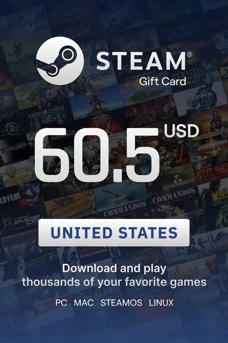 Steam Wallet 60.5 USD Gift Card (United States) - Digital Key