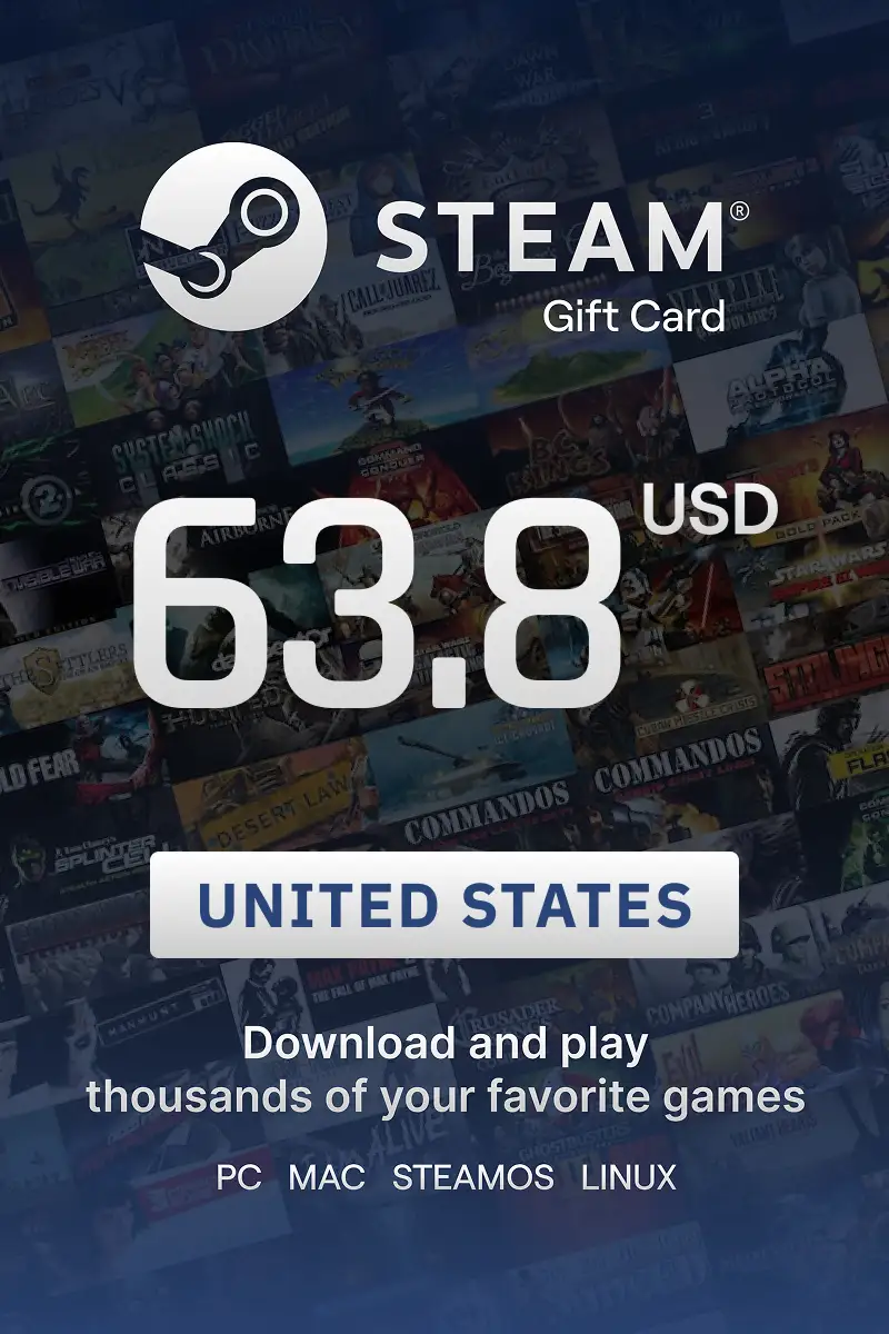 Steam Wallet 63.8 USD Gift Card (United States) - Digital Key