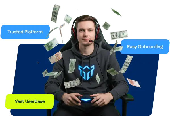 An illustration for seller onboarding, showing various game characters and elements.